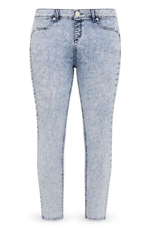 Front view of women’s blue denim skinny jeans, size UK 30, in, 25-inch leg