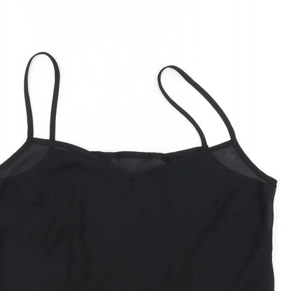 Close-up detail of Preworn women’s black basic tank, size UK 14