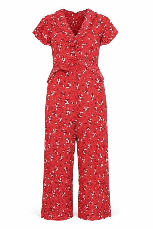 Front view of Miss Selfridge women’s red jumpsuit one-piece, size UK 4