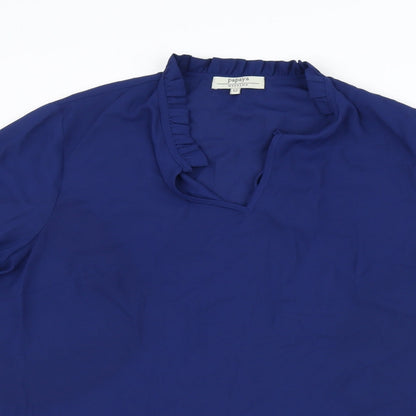 Close-up detail of Papaya women’s blue basic blouse, size UK 12