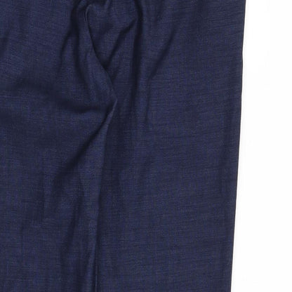 Brand and care label for H&M men’s blue trousers, size 36, in, 31-inch leg