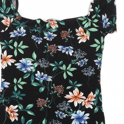 Brand and care label for Dorothy Perkins women’s black floral basic t-shirt, size UK 12