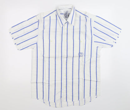 Additional front view of Wide Boy men’s white striped button-up, size M