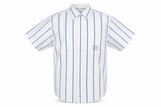 Front view of Wide Boy men’s white striped button-up, size M