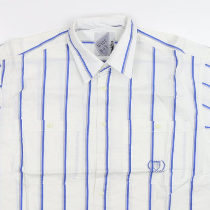 Close-up detail of Wide Boy men’s white striped button-up, size M