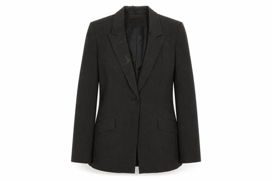 Front view of Le Suit women’s black striped jacket suit jacket, size UK 10