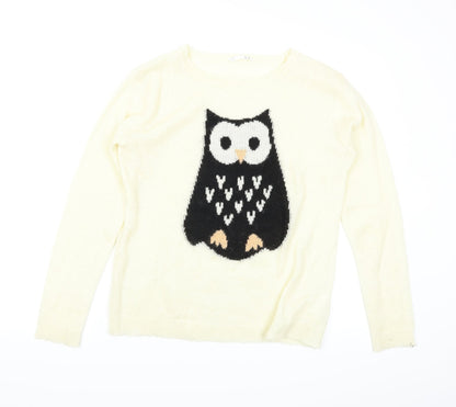 Front view of LFT women’s white jumper, size M, - owl