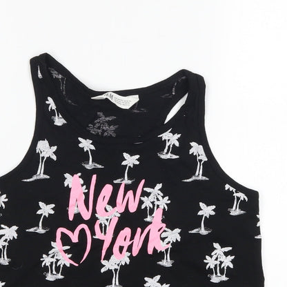 Close-up detail of H&M girls’ black basic tank, size 10-11, years