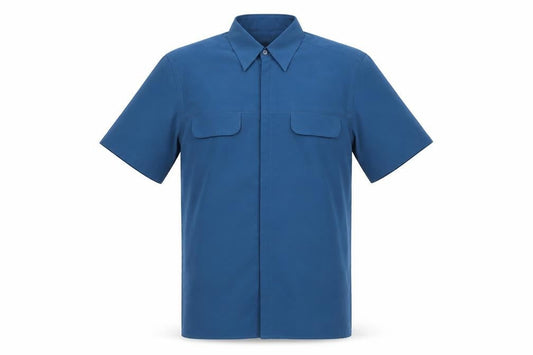Front view of Jonathan Adams men’s blue button-up, size S