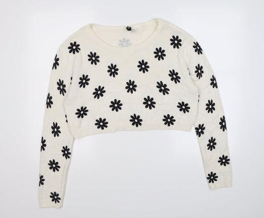 H&M Womens Beige Floral Knit Pullover Jumper Size M