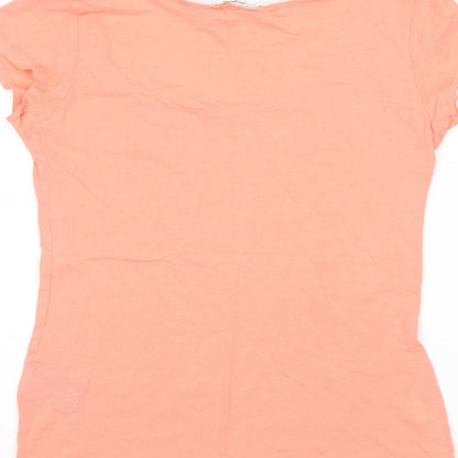 Brand and care label for H&M women’s pink basic blouse, size S
