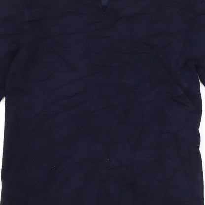 Brand and care label for Warehouse women’s blue basic t-shirt, size UK 6