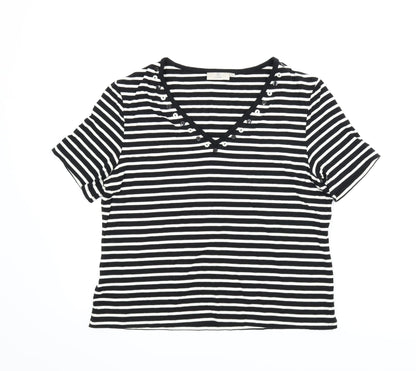 Front view of Country Casuals women’s black striped basic t-shirt, size L
