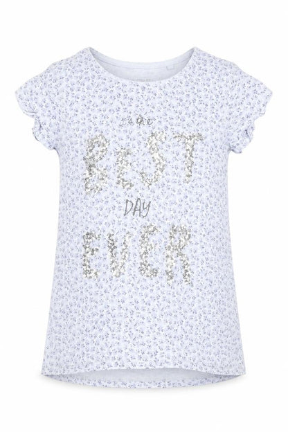 Front view of Next girls’ blue floral basic t-shirt, size 9, years