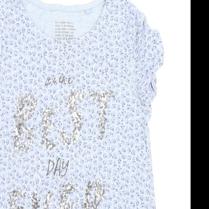 Close-up detail of Next girls’ blue floral basic t-shirt, size 9, years