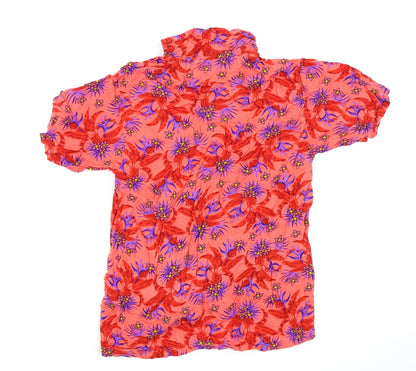 Back view of assign women’s red floral basic button-up, size L