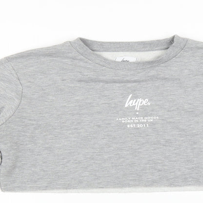 Close-up detail of Hype women’s grey pullover sweatshirt, size UK 6, - cropped