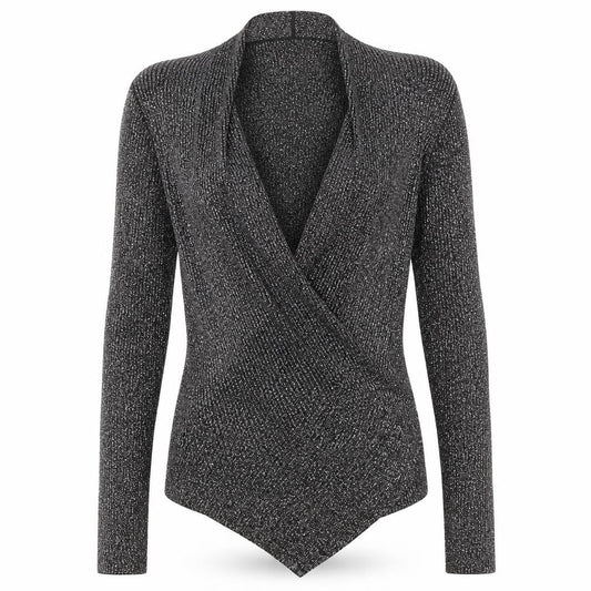Front view of Miss Selfridge women’s grey wrap jumper, size UK 14