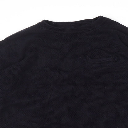 Close-up detail of H&M men’s blue knit jumper, size S