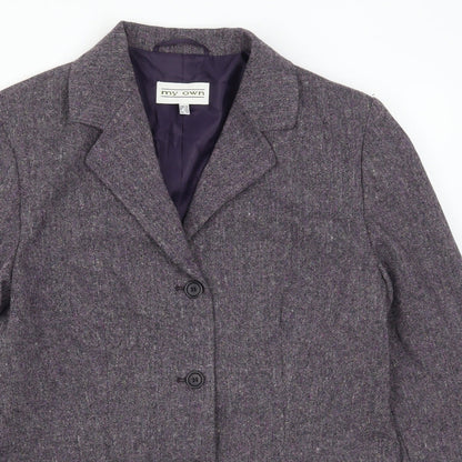 Close-up detail of My Own women’s purple jacket suit jacket, size UK 12