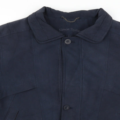 Close-up detail of Simon Taylor women’s blue overcoat coat, size L