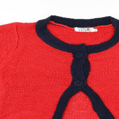 Close-up detail of Long Island women’s red cardigan jumper, size S