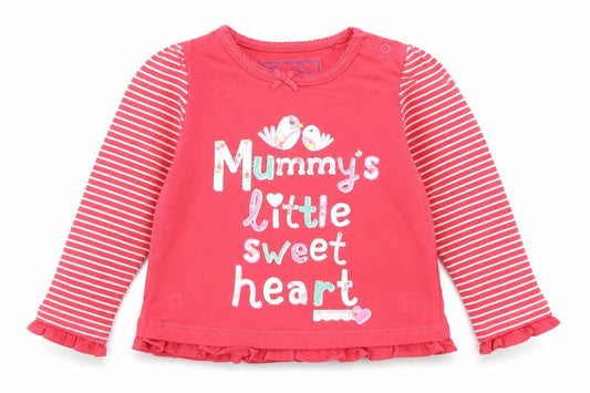 Front view of Tu girls’ red striped basic t-shirt, size 6-9, months