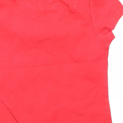 Brand and care label for Tu girls’ red basic t-shirt, size 6-9, months