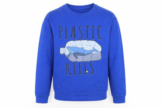 Front view of Lane Seven men’s blue pullover sweatshirt, size S, - plastic kills