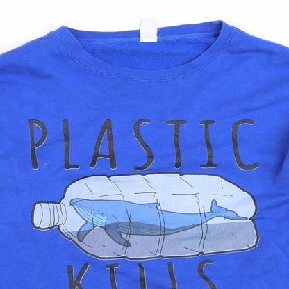 Close-up detail of Lane Seven men’s blue pullover sweatshirt, size S, - plastic kills