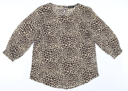Additional front view of Preworn women’s beige animal print basic blouse, size UK 10, - leopard print