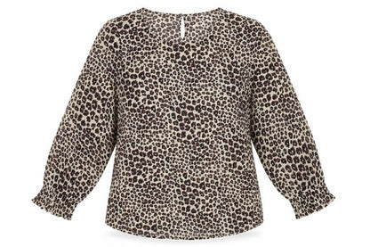 Front view of Preworn women’s beige animal print basic blouse, size UK 10, - leopard print