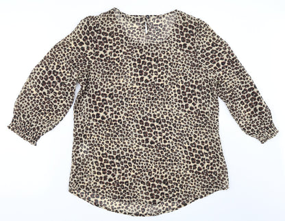 Back view of Preworn women’s beige animal print basic blouse, size UK 10, - leopard print