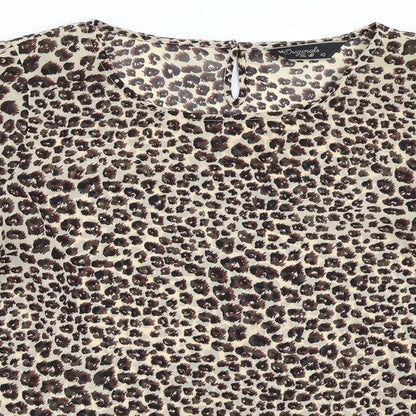 Close-up detail of Preworn women’s beige animal print basic blouse, size UK 10, - leopard print