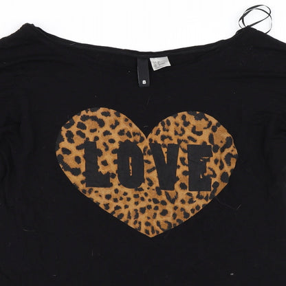 Close-up detail of H&M women’s black basic t-shirt, size UK 8