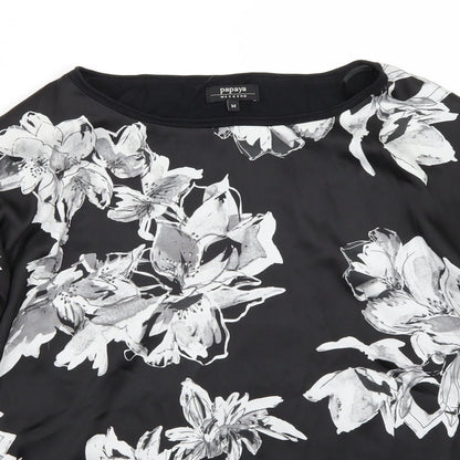Close-up detail of Papaya women’s black floral basic t-shirt, size M
