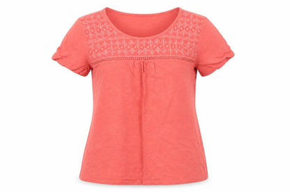 Front view of Bonmarché women’s pink geometric basic t-shirt, size UK 14