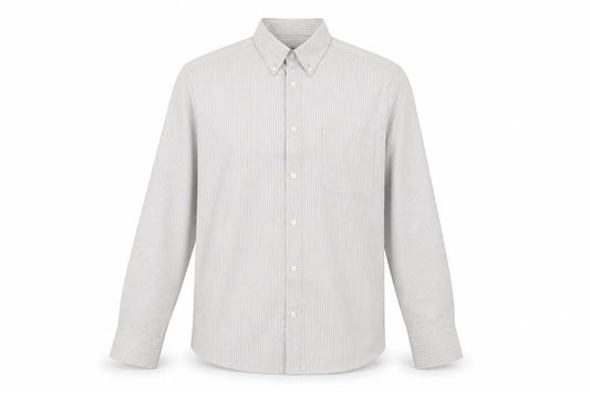 Front view of Marks & Spencer men’s brown striped button-up, size M