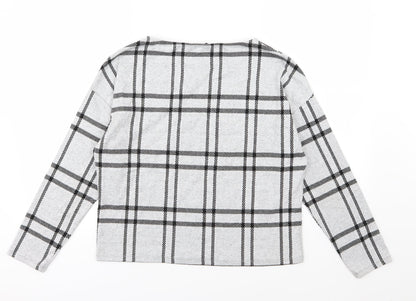 Back view of F&F women’s grey striped pullover sweatshirt, size UK 12