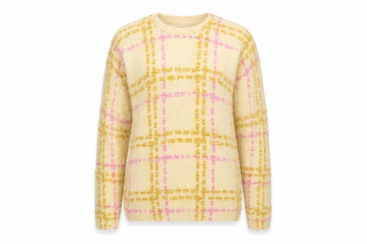 Front view of Miss Selfridge women’s beige check jumper, size UK 10