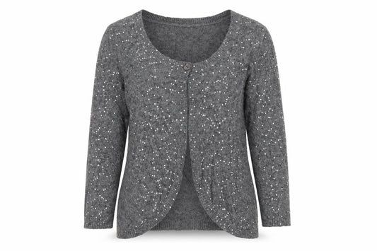Front view of Per Una women’s grey cardigan jumper, size UK 12