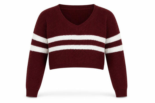Front view of Preworn women’s brown striped knit jumper, size L, - cropped