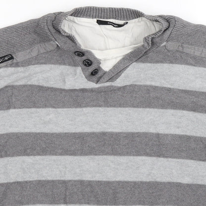 Close-up detail of George men’s grey striped knit jumper, size XL