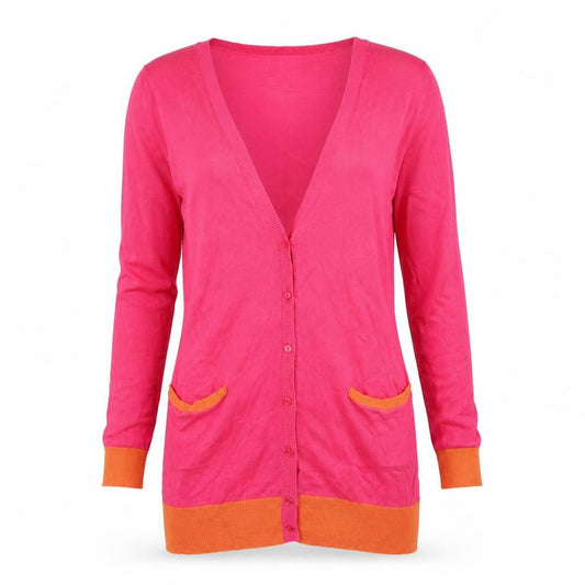 Front view of Love Label women’s pink knit cardigan jumper, size UK 12