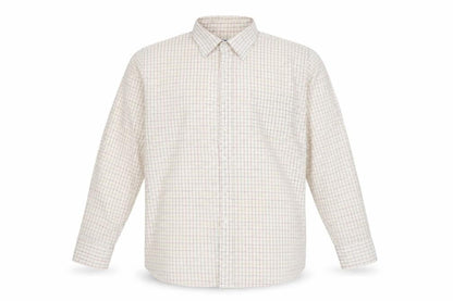 Front view of Ex Club men’s ivory check button-up, size L