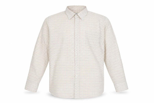 Front view of Ex Club men’s ivory check button-up, size L