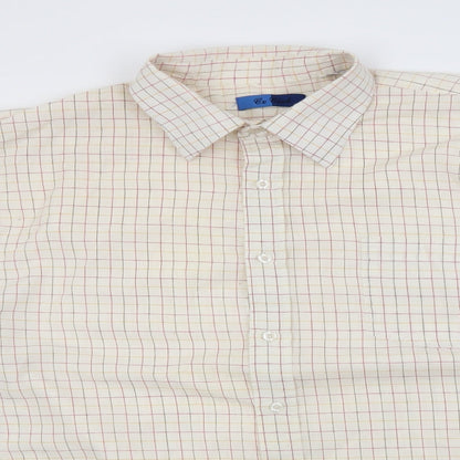 Close-up detail of Ex Club men’s ivory check button-up, size L