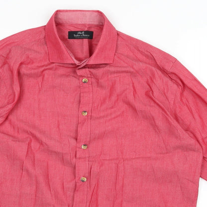 Close-up detail of Taylor & Reece men’s red button-up, size M