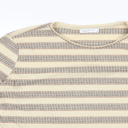 Close-up detail of Papaya women’s beige striped jumper, size UK 18