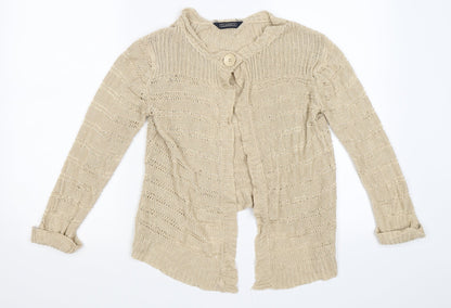 Front view of BHS women’s beige knit cardigan jumper, size UK 12